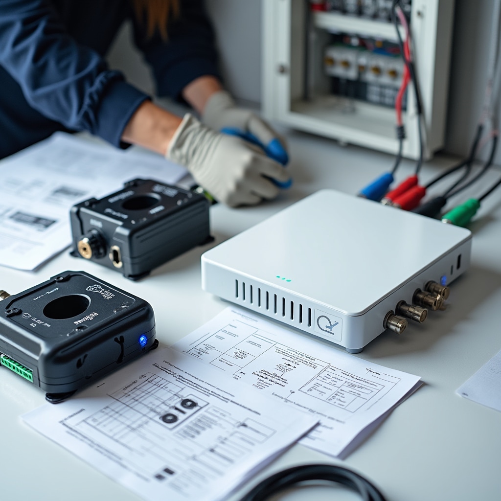 Professional installation of solar monitoring equipment with sensors and data hub