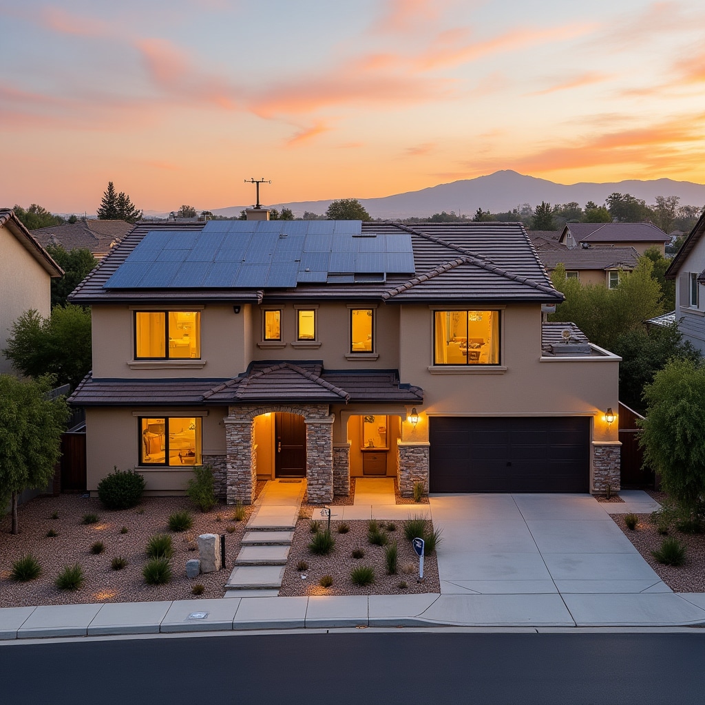 Modern residential home with solar panels and integrated monitoring system