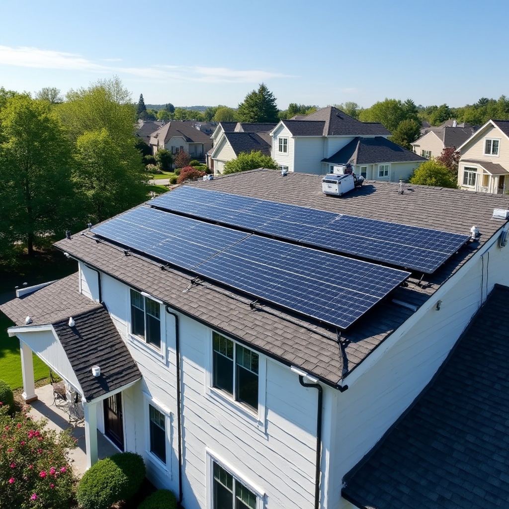 Residential rooftop solar panel installation with monitoring sensors