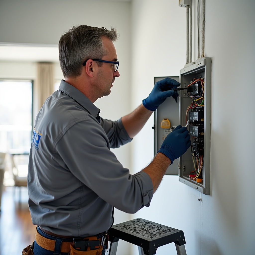 Certified technician installing solar monitoring sensors on electrical panel